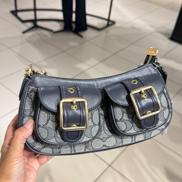 COACH Ashton Bag In Signature Jacquard CBJ00 Gold/Navy/Midnight Navy - Picture 2 of 11